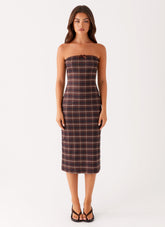 Niko Strapless Midi Dress - Brown Black Check